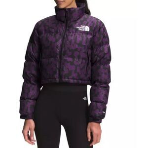 ✅THE NORTH FACE RETRO NUPTSE 700 DOWN PUFFER CROPPED JACKET BLACK PURPLE PRINT M
